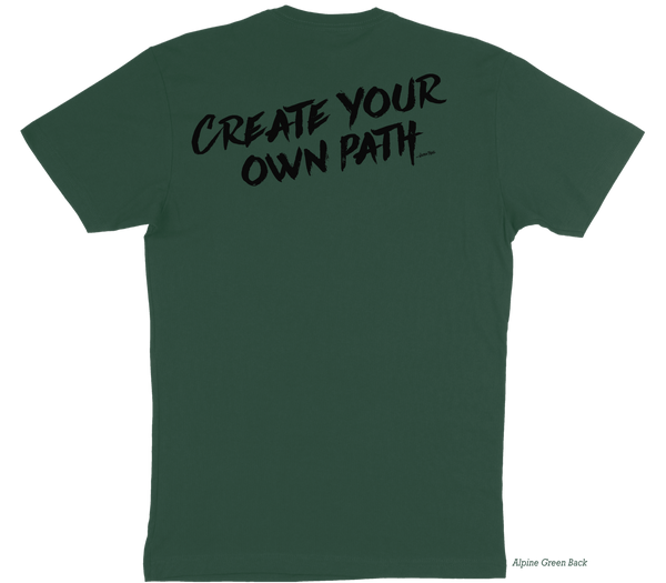 Green t-shirt with 'Create Your Own Path - Wilden Trail' text on the back