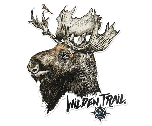 A sticker featuring the head of a moose with a logo 'Wilden Trail' below it.