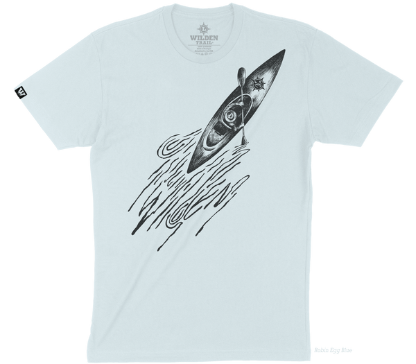 A light blue t-shirt with a graphic print of a kayak and surrounding water patterns.