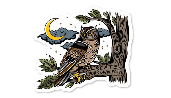 A sticker depicting an owl perched on a tree with a nighttime sky background and the text 'create your own path' at the bottom inside a tree branch.