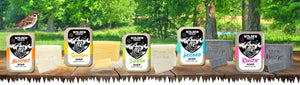 Vegan soap with 5 different scents shown with the boxes upright and a sparrow standing on the left box. Image shows the packaging, soap bar and soap sliver.