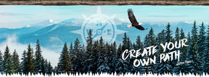 Top header image depicts an eagle soaring over snow covered pine trees with the words "create your own path wilden trail" underneath. This does not lead to a product page.