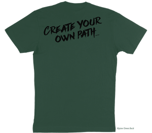 Green t-shirt with 'Create Your Own Path - Wilden Trail' text on the back 