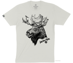 A light tan colored tshirt with a moose sketched image on the front of the tshirt. There is a small bird on the Moose's antler. The words "Wilden Trail" and the logo appear on the bottom right hand side of the image.