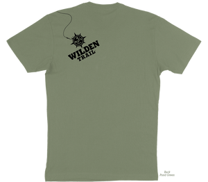 Army green t-shirt with a black graphic design of the Wilden Logo with a hook through it leading the line to the top of the shoulder. Back of tshirt.