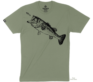 Army green t-shirt with a black graphic design of a largemouth bass chasing a smaller fish. Front of shirt