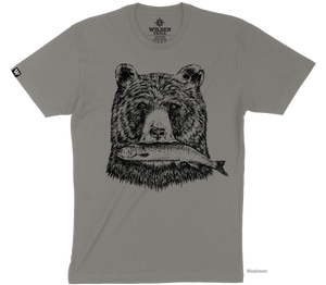 A gray brown t-shirt with a black printed design of a grizzly bear's head holding a fish in its mouth.