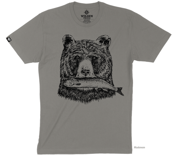 A gray brown t-shirt with a black printed design of a grizzly bear's head holding a fish in its mouth.